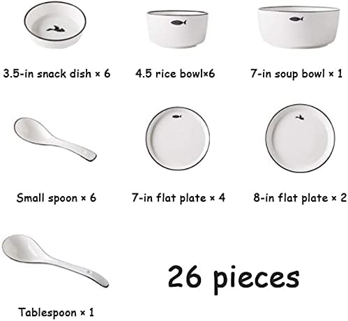 Dinnerware Sets - Luxury Dishes Service Set Ceramics Dinner Sets 26 Pieces Black Han Stroke Porcelain Dinner Plates - Bowl/Dish/Spoon | Microwave Safe