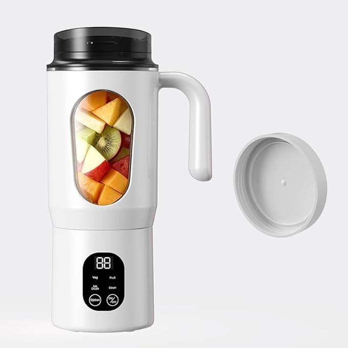 Portable Juicer with LED Display - USB Rechargeable Handheld Juice Blender Plastic Li-Ion Battery-Powered Home JuicerFor Smoothie and Juice Blender with Ice Crush (White)