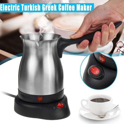 Turkish Coffee Pot 0.6 L 600W Electric Turkish Coffee Maker Stainless Steel Tea Maker Milk Warmer 5 to 6 Cup Capacity with Long Handle Brew Coffee in 3 to 5 Minutes