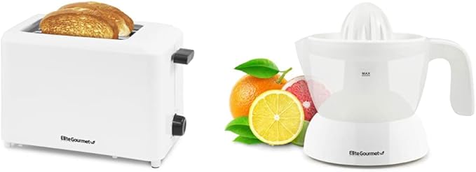Elite Gourmet ECT-1027# Cool Touch 2-Slice Toaster with Extra Wide 1.5 Slots Cancel Button Drop Down Crumb Tray + ETS-411 BPA-Free 16Oz Electric Citrus Juicer Extractor Volume Pulp Control White
