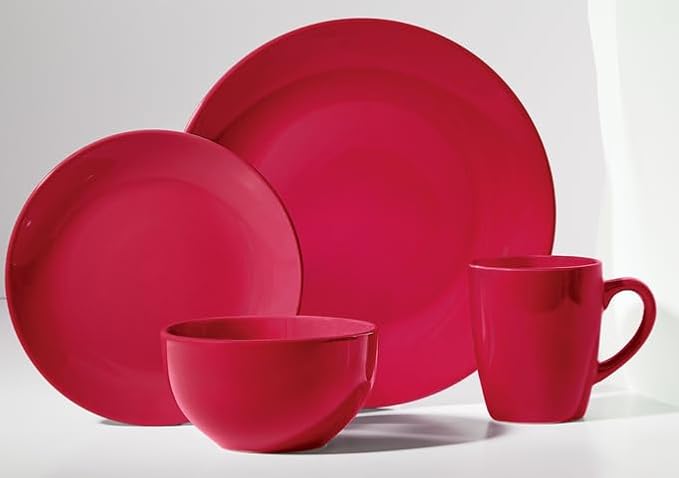Montgomery Ward 16-Piece Round Dinnerware Set - Kitchen Essentials Plates Bowls Mugs Dishwasher and Microwave Safe Red
