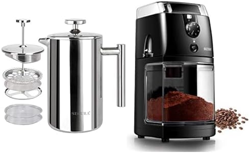 Secura French Press Coffee Maker 304 Grade Stainless Steel Coffee Press with 2 Extra Screens 17oz (0.5 Litre) Electric Burr Coffee Grinder Mill 17 Fine to Coarse Grind Size Settings12 cups