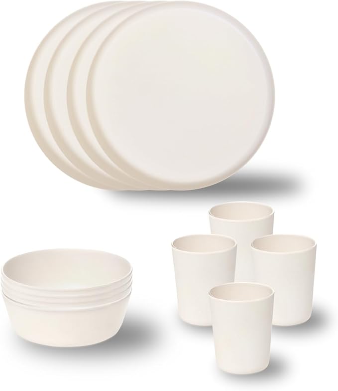 Stephan Roberts Bamboo Dinnerware Set Eco-Friendly Bamboo Fiber Dinnerware 12 PC (Cereal Bowls Unbreakable Plates Cups)