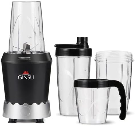GINSU 7 pcs Personal Blender 1000W with Stainless Steel Blades 10 18 &amp 24oz BPA Free Travel Cups Black