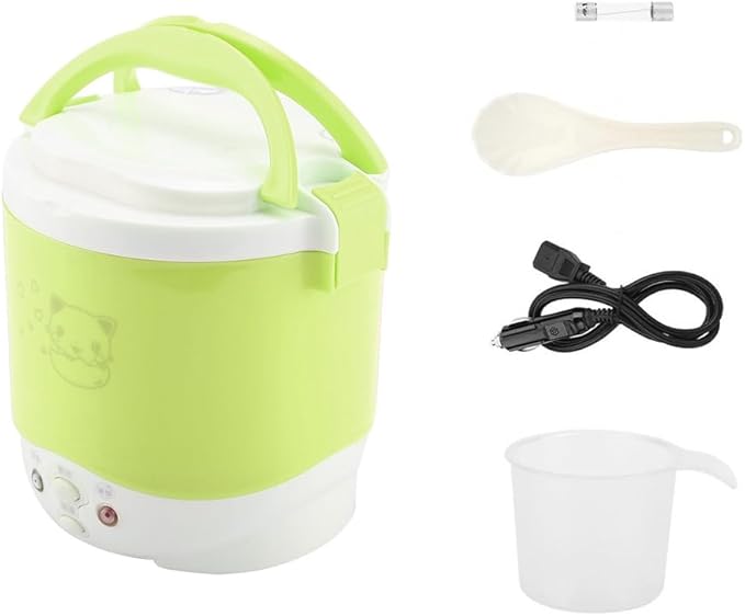 1L Mini Rice Cooker 12v Electric Lunch Box Portable Travel Rice Cooker for Car Multifunctional Electric Food Steamer for Travel Camping (green)
