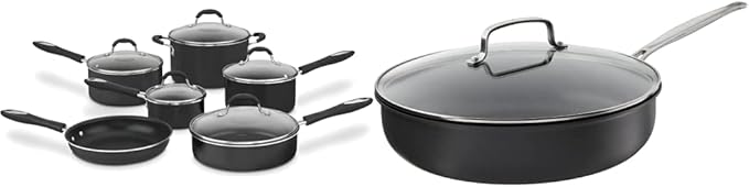 Cuisinart 11-Piece Nonstick Cookware Set Black 55-11BK &amp 12-Inch Deep Fry Pan w/Cover Chef's Classic Nonstick Hard Anodized Collection 622-30DFP1