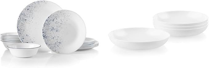 Corelle Vitrelle 18-Piece Service for 6 Dinnerware Set Indigo Speckle &amp 4-Pc Versa Bowls for Pasta Salad and More Service for 4 Durable and Eco-Friendly 30-Oz Compact Stack Bowl Set White