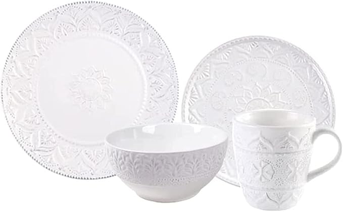 Ceramic Dinnerware Set 14 PCS Plates Set Dishes Set White Underglaze Dinner Sets - Retro Embossed Dinner Plate Soup Plate with Floral Pattern for Family Part