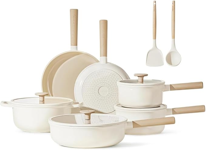 12 Pcs Pots and Pans Set Nonstick Cookware Sets Healthy Induction Kitchen Granite Cooking Set W/Frying Pans SaucepanCream12 Pc