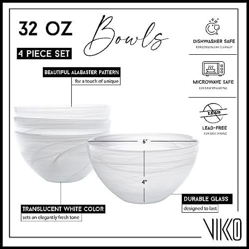 Vikko Salad Bowl Set of 4 White Alabaster Style Soup Bowls 6 Bowl with Marbelized Design Large 32 Ounce Bowls Set For Pasta Fruit Ramen Bowl Dishwasher Safe