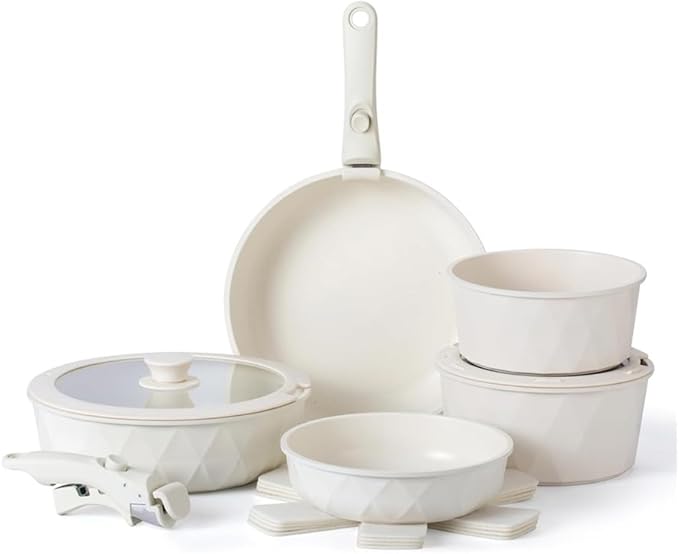 Pots and Pans Set Healthy Safe Ceramic Nonstick Kitchen Cookware with Soft Touch Removable Handle CookwareCream DiamondOne-Cream Diamond-One