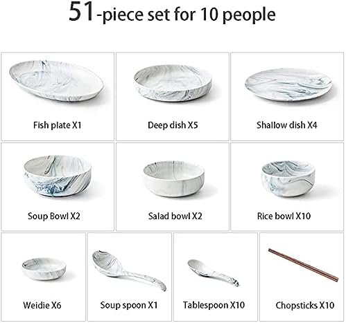 Dinnerware Sets - Luxury Gift Dishes Service Set Ceramic Dinnerware Sets Ins Nordic Creative Plate and Bowl Set Marble Pattern Kitchen Kitchen Plate Set Dishwasher Microwave Safe(51Pcs)