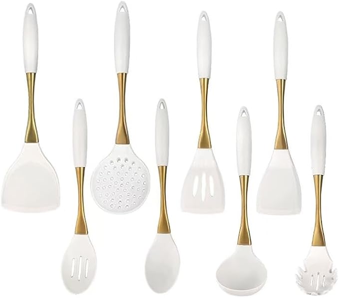 8-Piece White Kitchen Utensil Set with Gold Handles Stainless Steel Cooking Tools Includes Spatulas Ladle Spoons for Nonstick Cookware (Gold and White)
