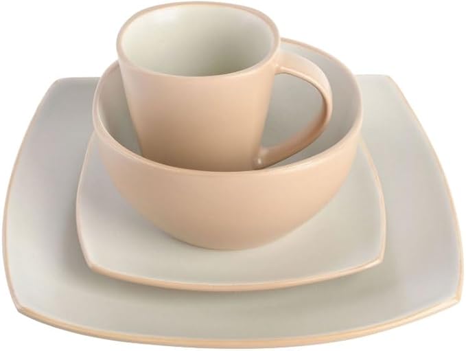Square Stoneware 16 Piece Dinnerware Set Sand Dinner Plates and Dishes Table Ware Home Dining Plate