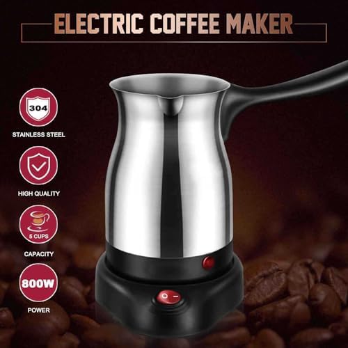 Sanpyl Electric Turkish Coffee Maker Stainless Steel Turkey Coffee Pot Arabic Greek Coffee 600ml 600W Coffee Tea Milk Heating Kettle Removable Anti Scald Handle 5-6 Cups