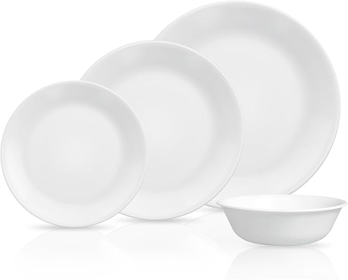 Corelle Vitrelle 8-Piece Service for 2 Dinnerware Set Triple Layer Glass and Chip Resistant Lightweight Round Plates and Bowls Set Winter Frost White