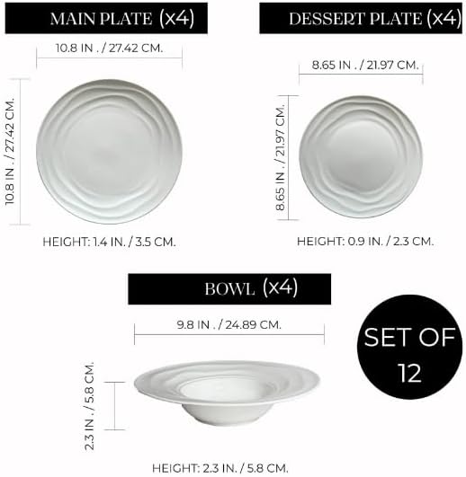 Pots &amp Patterns Natural Waves Premium Bone China Dinnerware Sets Service for 4 (12-Piece) White Plates and Bowls Sets Chip-Resistant Fine Porcelain Dinnerware - Wedding Registry Gift