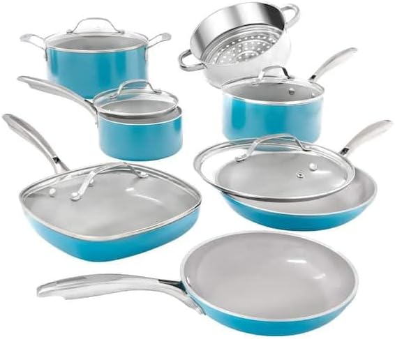 For Aqua Blue 12-Piece Aluminum Ceramic Nonstick Cookware Set with Glass Lids