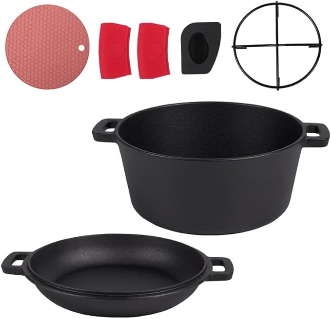 7QT 2-in-1 Cast Iron Cookware Set (5.1QT Dutch Oven + 1.9QT Frying Pan) Dual Purpose Holiday (7QT+ Lid + 5 Accessories)