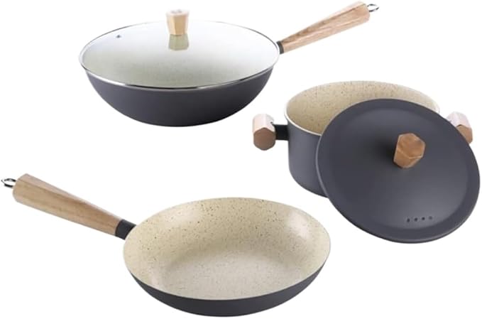 Kitchen s 3 Pcs Wok Soup Pot Iron Non-Stick Frying Pan Soup Pot Set with Cover Kitchen Cooking Pot Cooking Set Cooking Pots(