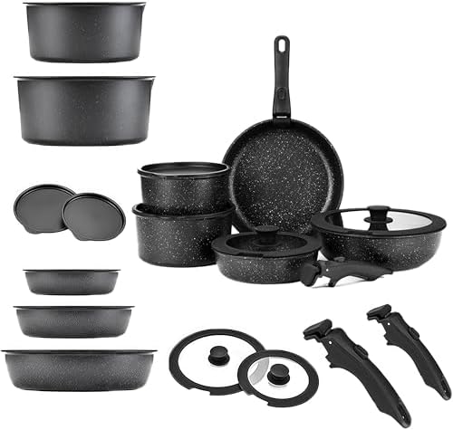 Cookware Set 9/11/15 Piece Cookware Detachable Handle Set for Kitchen (Black9 Pcs)