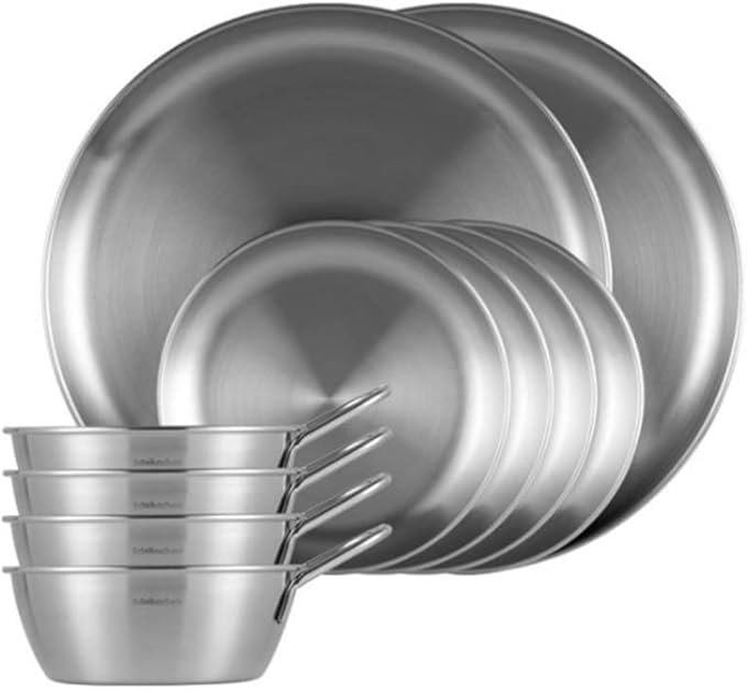 Outdoor Camping Dinnerware SetStainless Steel Plates and Bowls Camping Set 10PStainless 304 for Camping Hiking Beach Outdoor Use