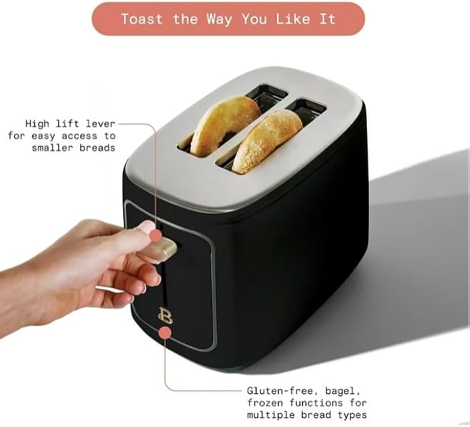Beauti 2 Slices Toaster with Touch Activated Display 900 W Bagel/Frozen/Reheat Presets Wide Slots Easy Cleaning (Black)