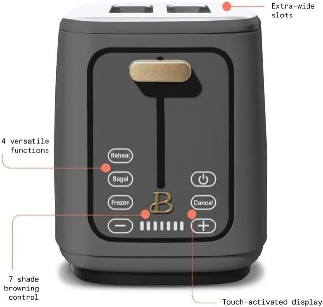 Beauti 2 Slices Toaster with Touch Activated Display 900 W Bagel/Frozen/Reheat Presets Wide Slots Easy Cleaning (Oyster Grey)