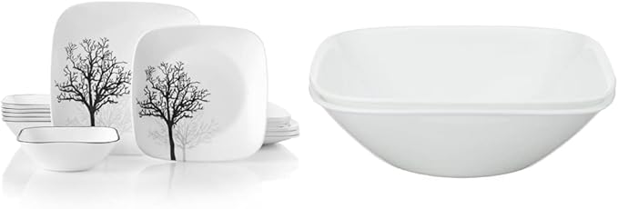 Corelle Vitrelle 18-Piece Service for 6 Dinnerware Set Timber Shadows &amp Vitrelle 1-Qt Serving Bowl 2-Pack Large Serving Bowl Triple Layer Glass White