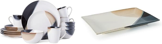Gourmet Basics by Mikasa Caden 16-Piece Dinnerware Set Service for 4 and 13.75 Inch Rectangular Serving Platter
