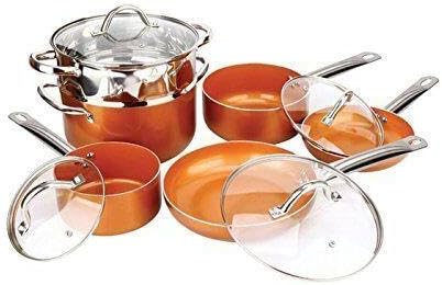 For Copper Pan 10-Piece Luxury Induction Cookware Set Non-Stick Lids