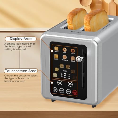 WHALL® Touch Screen Toaster 2 Slice Stainless Steel Digital Timer Toaster 6 Bread Types &amp 6 Shade Settings Smart Extra Wide Slots Toaster With Bagel Cancel Defrost Functions