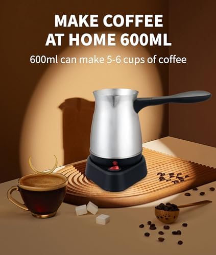 Diyeeni Electric Turkish Coffee Maker 600ml Stainless Steel Turkish Coffee Pot Tea Maker Kettle Coffee Machine 5 to 6 Cup Capacity with Ergonomic Handle for Home Office &amp Travel