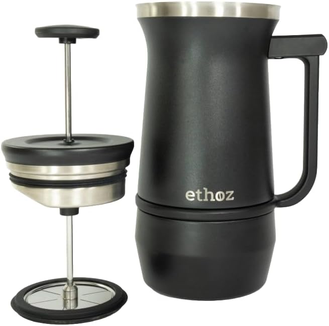 Ethoz® by Planetary Design Uptowner French Press | 32 fl oz Stainless Steel | US Patented Bru-Stop &amp Removable Bottom | Double-Wall Insulated for Smooth Balanced Coffee – No Grit No Bitterness