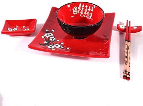 Japanese Dinner Set - 10 Pieces Red Floral Pattern