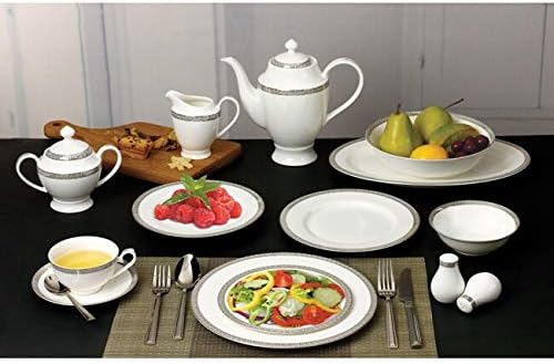 57-piece Dinnerware Set In Bone China (Service For 8) Silver Banded Formal Modern Contemporary Round 50 Piece Dishwasher Safe