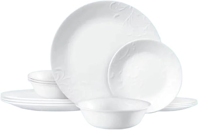 12 Piece Dinnerware Set Classic Embossed-floral Pattern Dinner Plates Soup cereal Bowls