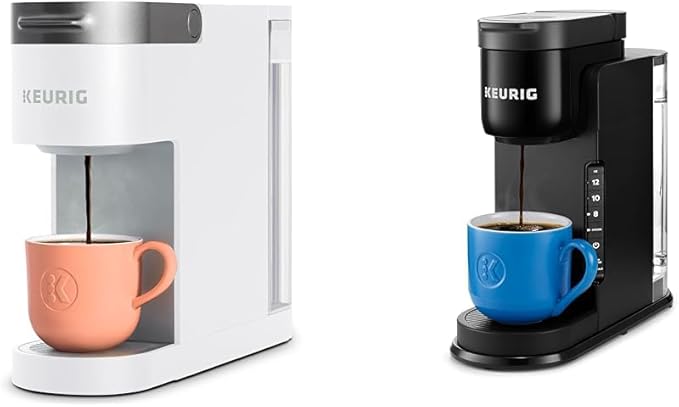 Keurig K- Slim Single Serve K-Cup Pod Coffee Maker Multistream Technology White &amp K-Express Coffee Maker Single Serve K-Cup Pod Coffee Brewer Black 12.8” L x 5.1” W x 12.6” H