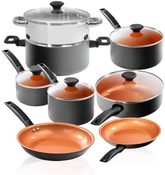 For Pro Premier Ceramic Nonstick Hard Anodized Aluminum 13-Piece Cookware Set - Copper