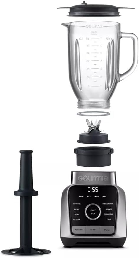 Gourmiia Digital Blender 38oz Glass Jar – 8 Auto Blend Programs 4 Speeds Pulse &amp Tamper – Ice Crusher Smoothie Maker BPA-Free Easy-Clean High-Speed Countertop Blender – Gray