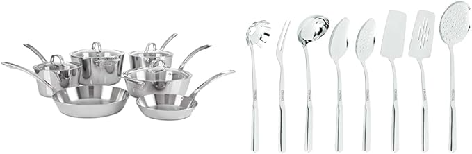 Viking Culinary Contemporary 3-Ply Stainless Steel Cookware Set 10 Piece Dishwasher Oven Safe &amp Culinary 304 Stainless Steel Kitchen Utensil Set Ergonomic Stay-Cool Handles