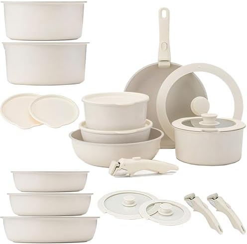 Cookware Set 9/11/15 Piece Cookware Detachable Handle Set for Kitchen (Cream9 Pcs)