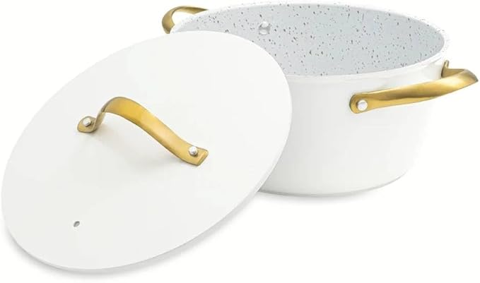 12-Piece Nonstick Pots and Pans Set – Heavy-Duty Aluminum Titanium Nonstick Induction Compatible Oven Safe Cookware Set with Lids &amp Protectors – Premium Kitchen Set (White/Gold)