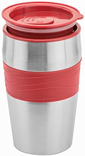 Mixpresso Red Personal Single Serve Coffee Maker with 14oz Travel Mug Drip Small Coffee Maker with Auto Shut Off Reusable Filter Works with Ground Coffee Only – Not for K-Cup Pods