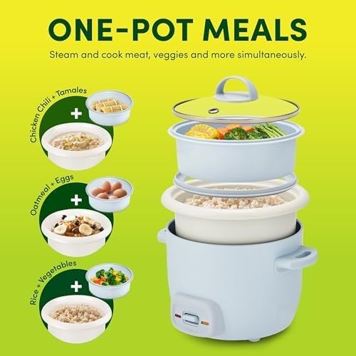 4-Cup Cooked 2-Cup Uncooked Rice Cooker &amp Food Steamer with Nonstick Ceramic &amp Pop-Up Steam Tray - Blue