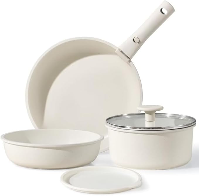 6 Pcs Nonstick Pots and Pans Oven Safe White Cookware Set with Detachable Handle Stackable Kitchen Cookware Suitable for Household Use
