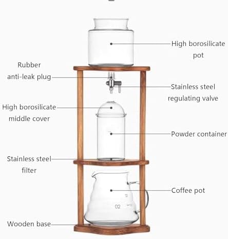 Cold Brew Drip Tower Ice Drip Coffee Maker Capacity Cold Brew Coffee or Iced Tea Maker Portable Iced Coffee Cold Brew Drip Tower with Adjustable Water Flow Wooden Bracket for Home Offi