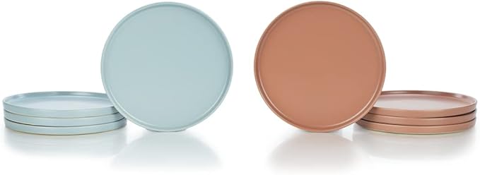 Everything Kitchens Modern Flat Dinnerware Collection (Dusty Blue &amp Terracotta 8-Piece Lunch Plate Set)
