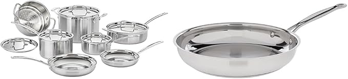 Cuisinart 12 Piece Cookware Set with 10-Inch Open Skillet MultiClad Pro Triple Ply and Chef's Classic Stainless Steel