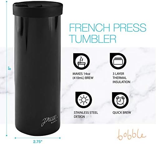 bobble French Coffee Presse On-The-Go use Quick Brew Slim Design Triple Wall Insulation 14 oz (Blue)